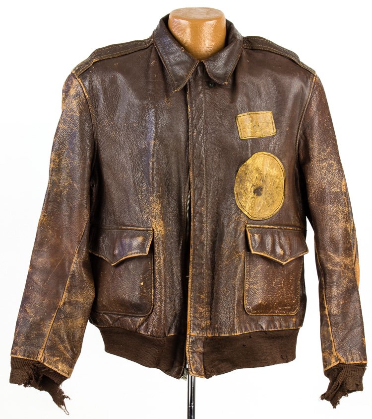 U.S. AIR CORPS LEATHER PILOT'S JACKET: U.S. AIR CORPS LEATHER PILOT'S JACKET U.S. Air Corps brown leather Type A-2 pilot's jacket size 44 made by I. Spiewak & Sons. The jacket bears two brown embossed light brown patches sewn to the left f