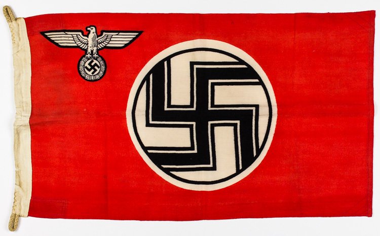 REICHSDIENST FLAG: REICHSDIENST FLAG Excellent Reichsdienst flag in a most desirable size double-sided cotton 18"" x 32"" reinforced along the hoist with two rope loops for suspension of the flag. The hoist bears a blac