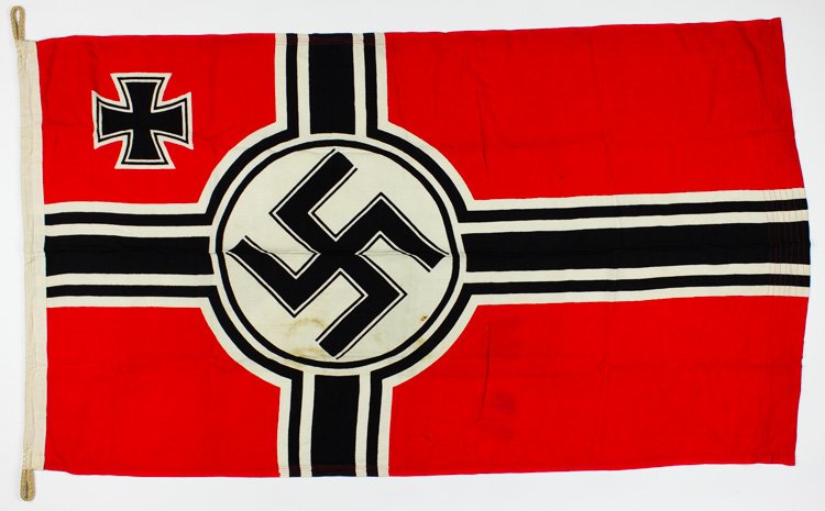 KRIEGSMARINE FLAG: KRIEGSMARINE FLAG Superb condition Kriegsmarine flag double-sided cotton 30"" x 54"" canvas reinforced hoist with braided cotton rope hanging loops the hoist stamped with the flag size and maker's nam