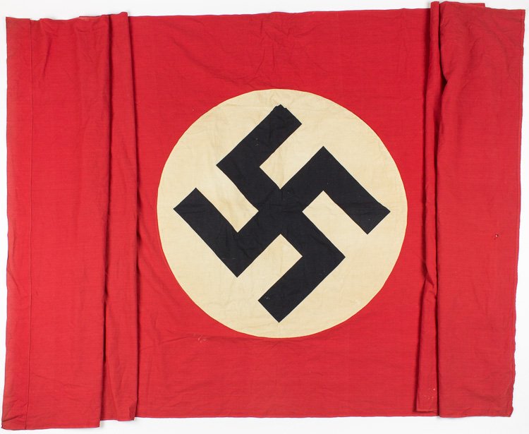 N.S.D.A.P. HANGING BANNER: N.S.D.A.P. HANGING BANNER Hanging N.S.D.A.P. banner 110"" x 48"" with one end bearing a loop through which a pole would be placed to suspend the flag vertically two-piece construction with separate ci