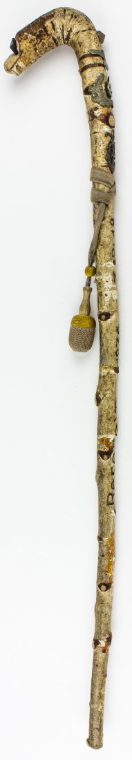 GERMAN "WOLCHOW"-STYLE WALKING STICK: GERMAN ""WOLCHOW""-STYLE WALKING STICK German walking stick in the later ""Wolchow"" style a birch tree branch 38"" long decorated with original Kriegsmarine insignia hat wreath and cockade and nation