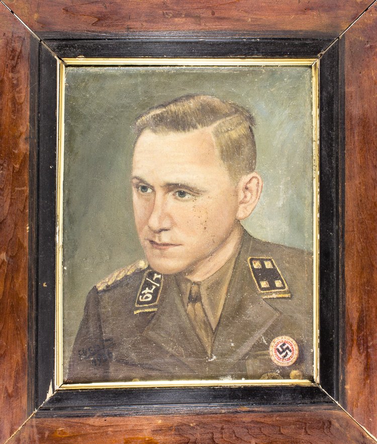PAINTING OF S.A. OFFICER WITH GOLDEN PARTY BADGE: PAINTING OF S.A. OFFICER WITH GOLDEN PARTY BADGE Painting of an S.A. officer wearing an NSDAP Golden Party Badge 9 1/2"" x 12"" oil on canvas shows the officer in uniform with collar tabs denoting ran