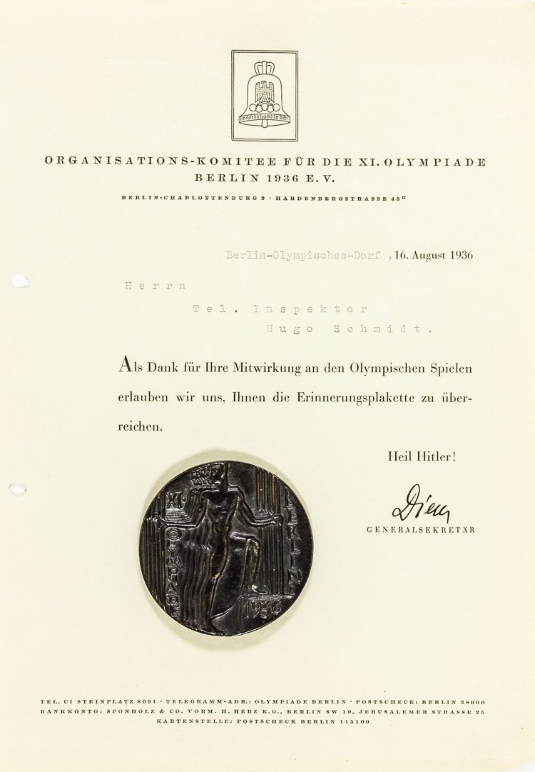 1936 BERLIN OLYMPICS PARTICIPATION MEDAL: 1936 BERLIN OLYMPICS PARTICIPATION MEDAL Cast bronze 70mm. medal was designed by Otto Placzek and given to those who participated in the 1936 Summer Olympics in Berlin. The obverse depicts five athlet