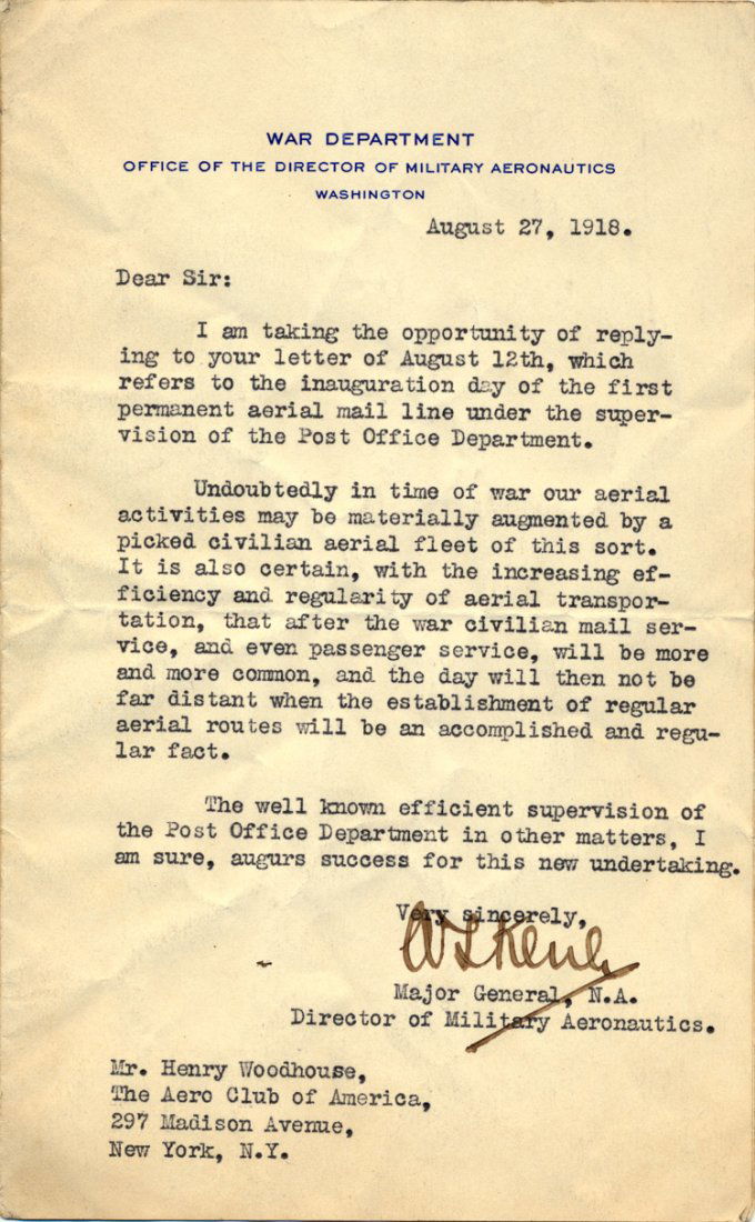 WILLIAM L. KENLY: WILLIAM L. KENLY (1865 - 1928) Major general in U.S. Army. During World War I he was the first chief of the U.S. Army Air Service. Fine content war-date T.L.S. on War Department letterhead 1p. 8vo. Wa
