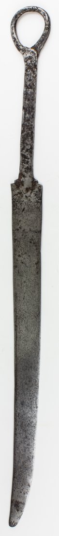 MING DYNASTY SWORD BLADE: MING DYNASTY SWORD BLADE Chinese Ming Dynasty falchion-style sword blade 30 1/4"" long overall ca. 1368-1644. The ring pommel is clearly lap-welded and of course the entire sword is hand-wrought. Quit