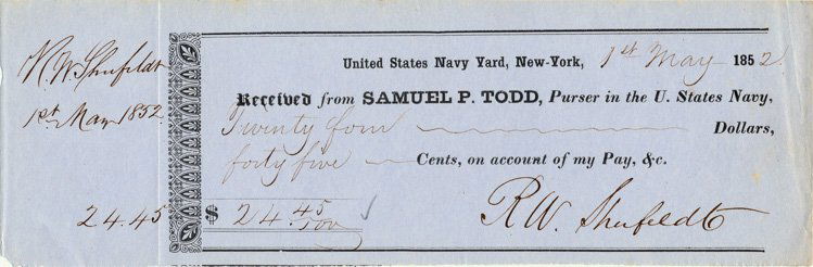 ROBERT WILSON SHUFELDT: ROBERT WILSON SHUFELDT (1822-95) American Rear Admiral; negotiated the Treaty of Amity with the Republic of Korea (1882). Partly printed D.S. 1p. 8"" x 2 1/2"" New York receipt for his pay of $24.45.
