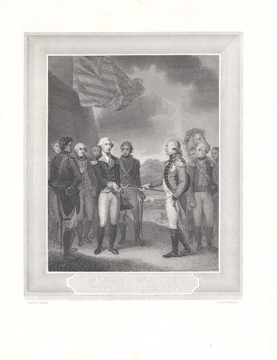 CORNWALLIS SURRENDERS TO WASHINGTON: CORNWALLIS SURRENDERS TO WASHINGTON Copper-plate line engraving 8 1/2"" x 11"" by Archer & Boilly 1854 after a period painting by Robert Smirke. A great image in fine condition with one major flaw - t