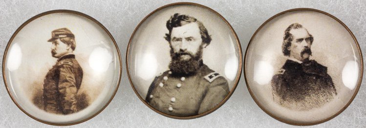 CIVIL WAR REUNION PHOTO PINS: CIVIL WAR REUNION PHOTO PINS Lot of three glass-covered brass buttons each 1"" dia. each bearing below the glass a half-tone printed image of a Union general. Includes Gen. George McClellan and two ot