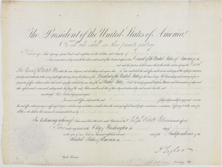 JOHN TYLER: JOHN TYLER (1790 - 1862) Tenth President of the United States following the death of Harrison annexed Texas and remained loyal to Virginia following its secession. Partly-printed D.S. as President 1p.