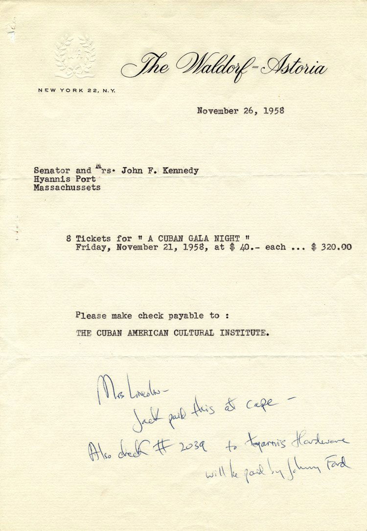 JACQUELINE KENNEDY: JACQUELINE KENNEDY (1929 - 1994) First Lady and wife of John F. Kennedy 35th President of the United States. A.N. (unsigned) on Waldorf-Astoria letterhead 1p. 4to. New York Nov. 26 1958 an invoice sub