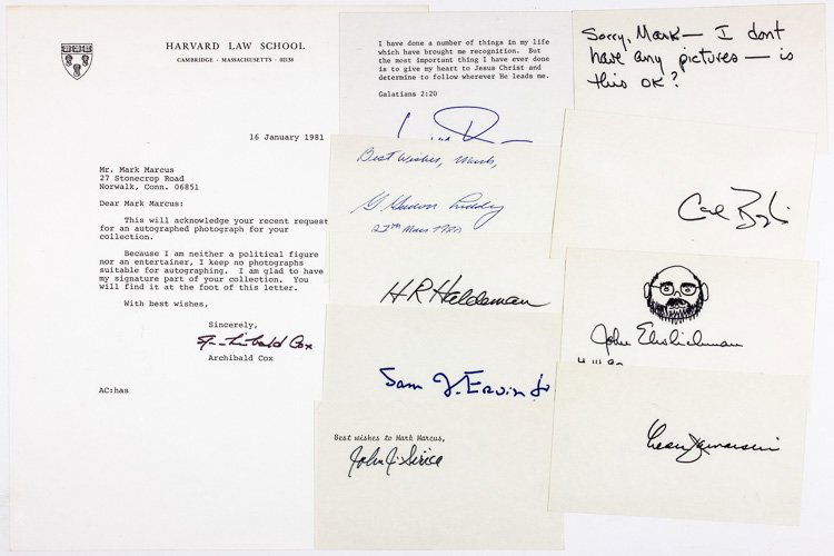 WATERGATE PERSONALITIES: WATERGATE PERSONALITIES Lot of items signed by Watergate notables includes: SAM ERVIN CARL BERNSTEIN JUDGE JOHN SIRICA LEON JAWORSKI JOHN ERLICHMAN adding a self-portrait H. R. HALDEMAN G. GORDON LIDD