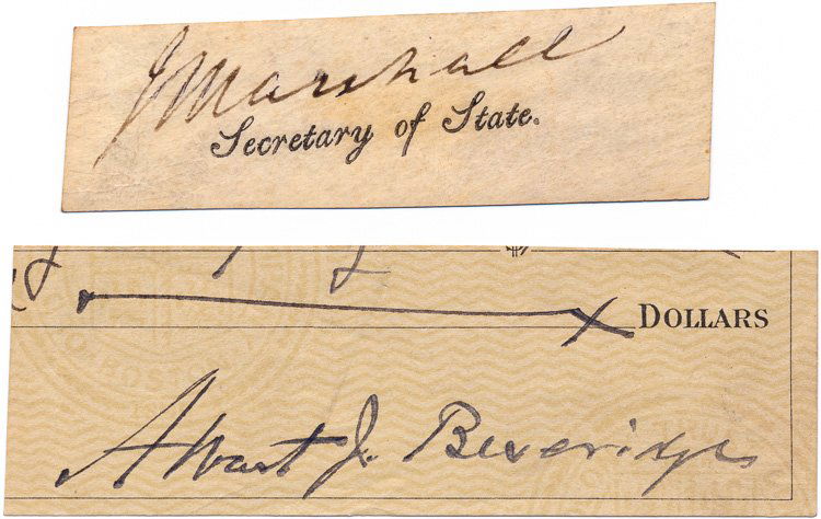 JOHN MARSHALL: JOHN MARSHALL (1755 - 1835) Supreme Court Chief Justice and the principal founder of the American system of constitutional law including the doctrine of judicial review. Fine bold signature ""J. Marsh