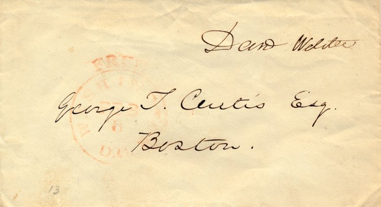 DANIEL WEBSTER: DANIEL WEBSTER (1782 - 1852) American lawyer and statesman who verbally jousted with Calhoun in the Senate and later supported Clay's compromise measures on slavery. Franked postal envelope ""Danl Web
