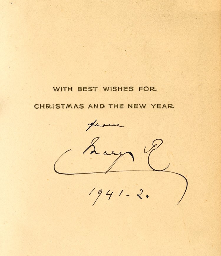 MARY OF TECK: MARY OF TECK (1867 - 1953) Queen of King George V. Touching Christmas card 6 3/4"" x 11"" (open) the message within offering Christmas and New Year's greetings to which the Queen adds: ""from Mary R. 