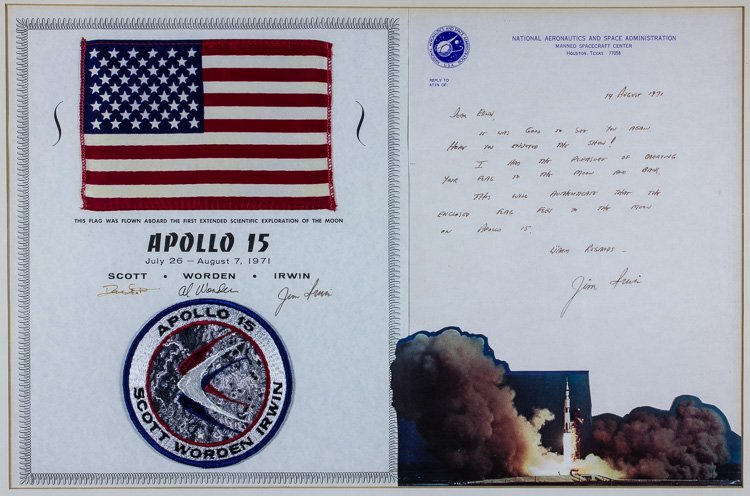 APOLLO 15 FLAG FLOWN TO THE MOON: APOLLO 15 FLAG FLOWN TO THE MOON An superb and increasingly rare item an American flag flown to the moon with rock-solid provenance. The 6"" x 4"" flag is affixed to a 9 1/2"" x 11 1/2"" partly-printe