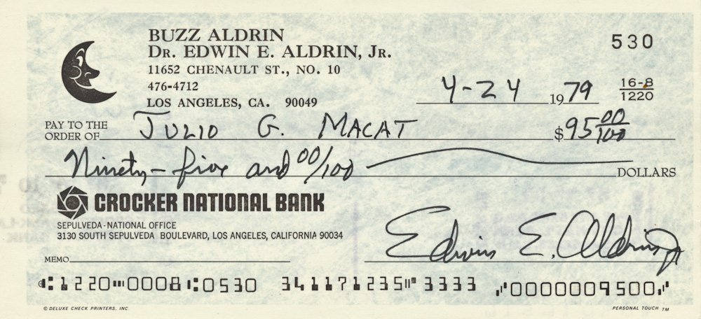 BUZZ ALDRIN: BUZZ ALDRIN (b. 1930) American astronaut and pilot of the Apollo 11 lunar module who walked the Moon with Neil Armstrong. Check signed with his original legal name ""Edwin E. Aldrin Jr"" and imprinted
