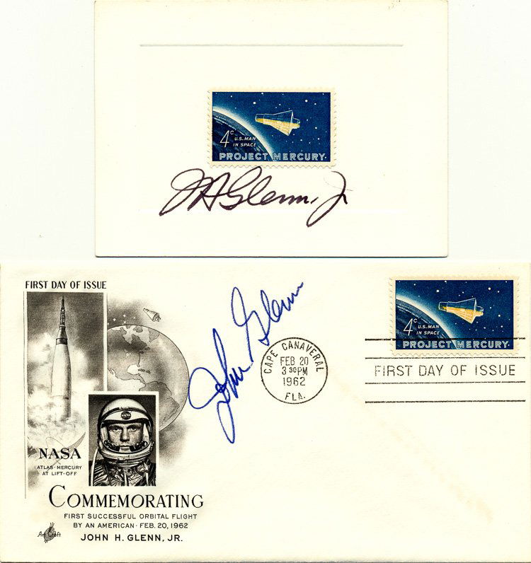JOHN GLENN: JOHN GLENN (b. 1921) American astronaut the first American to orbit the Earth on February 20 1962 and also became the oldest man to travel in space. Lot of two signed items includes a fine vintage sig