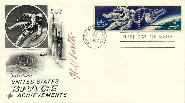 HERMANN OBERTH: HERMANN OBERTH (1894 - 1989) German rocket pioneer who aided in the development of the V1 and V2 later brought to America by Von Braun. Signature on the face of a 1967 postal cover honoring ""Space Ac