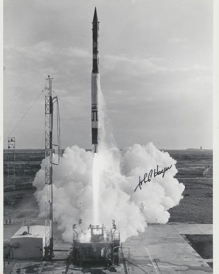 VANGUARD I: VANGUARD I JOHN P. HAGEN Director of Project Vanguard America's effort to launch its first satellite based at the U.S. Naval Research Lab. S.P. 8"" x 10"" b/w shows the launch of Vanguard I (TV-4) whi