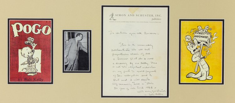 WALT KELLY: WALT KELLY (1913 - 1973) American cartoonist best known for the comic strip ""Pogo"" which became a vehicle for his political and philosophical views. Witty A.L.S. on Simon & Schuster letterhead 1p. 4