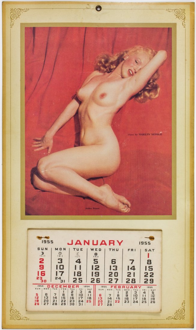 MARILYN MONROE 1955 PIN-UP CALENDAR: MARILYN MONROE 1955 PIN-UP CALENDAR Original 1955 Marilyn Monroe ""Golden Dreams"" nude pin-up calendar 10"" x 17"" and featuring Monroe in her famous nude pose at center with all 1955 monthly sheets