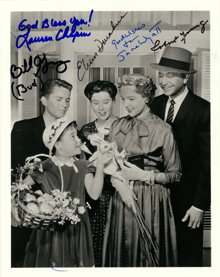 FATHER KNOWS BEST: ""FATHER KNOWS BEST"" Signed cast photo from the popular 1950s television show 8"" x 10"" b/w signed by: LAUREN CHAPIN ELINOR DONAHUE BILLY GRAY ROBERT YOUNG and JANE WYATT. Fine. ""Father Knows Best"