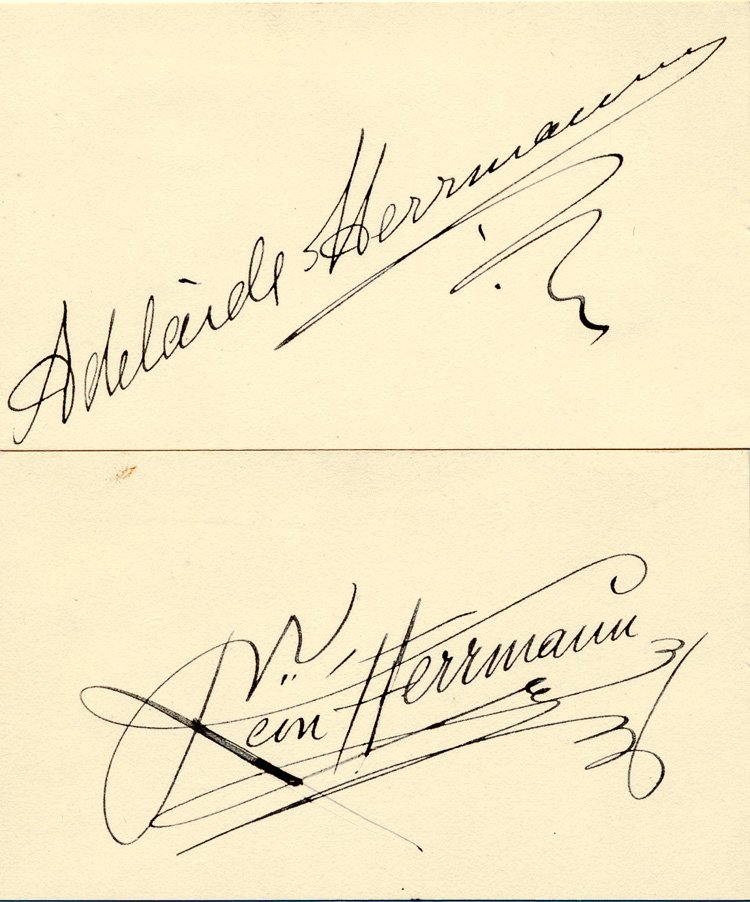 ADELAIDE AND LEON HERRMANN: ADELAIDE AND LEON HERRMANN Pair of signatures of famous musicians on 4"" x 2 1/4"" cards includes: LEON HERRMANN (1867-1909) who moved to the U.S. to continue his uncle Alexander Herrmann's show after