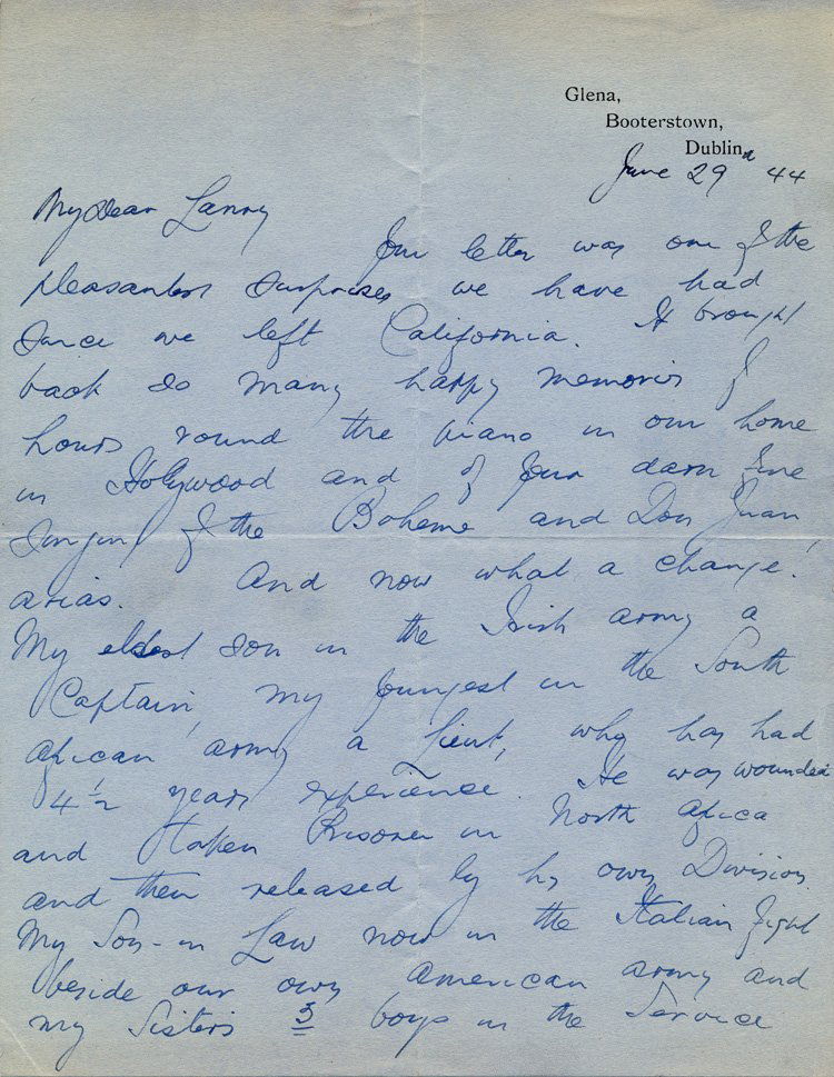 JOHN MCCORMACK: JOHN MCCORMACK (1884 - 1945) Irish tenor celebrated for his performances of the operatic and popular song repertoires. A.L.S. 2pp. 8vo. Dublin June 29 1944 to a friend in the U.S. In part: ""...And no