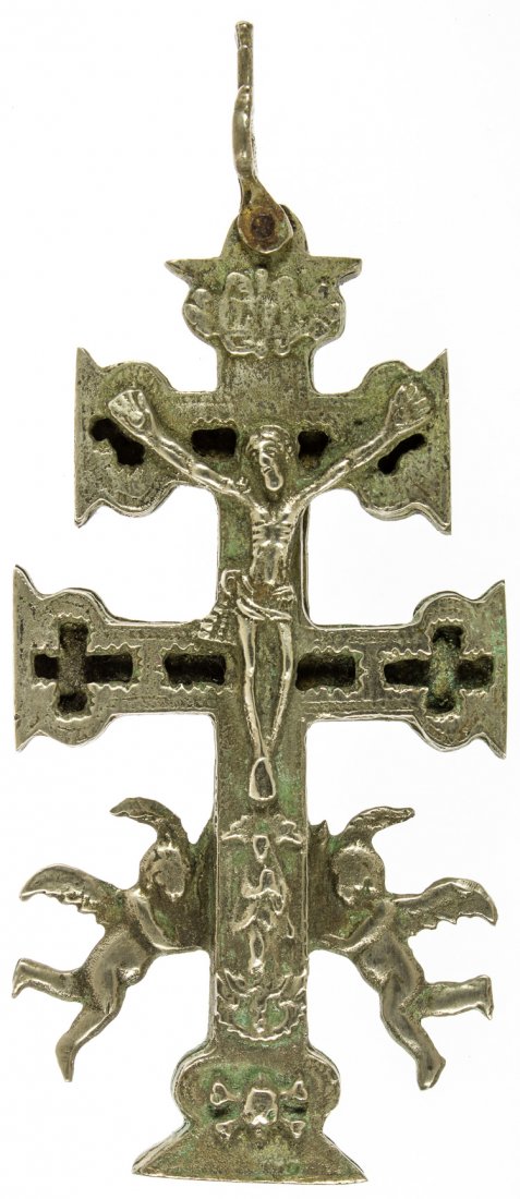 SPANISH "CROSS OF CARAVACA": SPANISH ""CROSS OF CARAVACA"" Antique Spanish ""Cross of Caravaca"" ca. 1800s 4 1/2"" tall in a pewter or silver-based metal. Very good. The Cross of Caravaca is a double-cross-barred crucifix on whic
