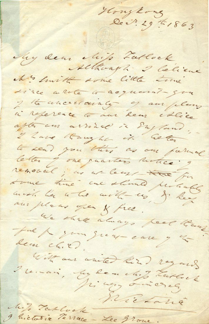 CHINA MISSIONARY: CHINA MISSIONARY GEORGE SMITH (1815-1871) English missionary in China; Anglican Bishop of Victoria (Hong Kong) from 1849 to1865. A.L.S. ""G Victoria"" as Bishop of Victoria 1p 8vo Hong Kong Dec. 29 18