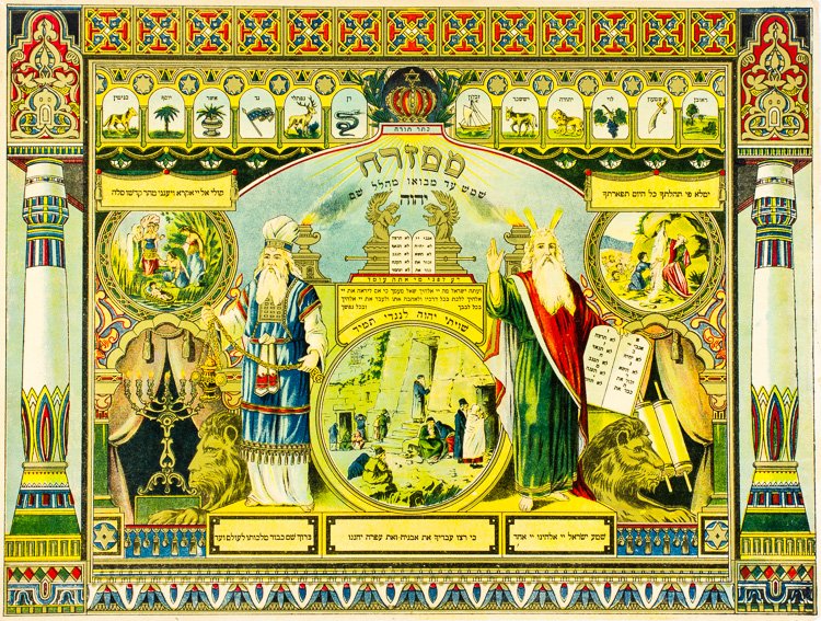 1920S JEWISH "MIZRAH": 1920S JEWISH ""MIZRAH"" Jewish mizrah in this case a colorful ca. 1920s 20"" x 15"" printing with religious figures torahs menorahs Jews praying at the Temple walls etc. Fine. A mizrah is plaque attac