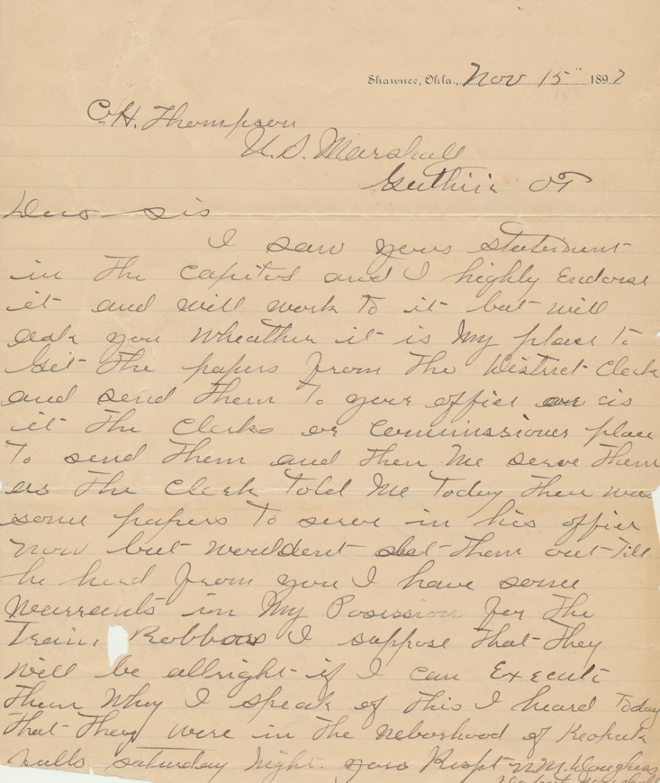 AL JENNINGS GANG ROBS A TRAIN: AL JENNINGS GANG ROBS A TRAIN Pair of 1897-98 letters pertaining to a train robbery committed by the Al Jennings Gang includes: an A.L.S. 2pp. 4to. Shawnee Ok. Nov. 15 1897 in which Dep. U.S. Marshal 