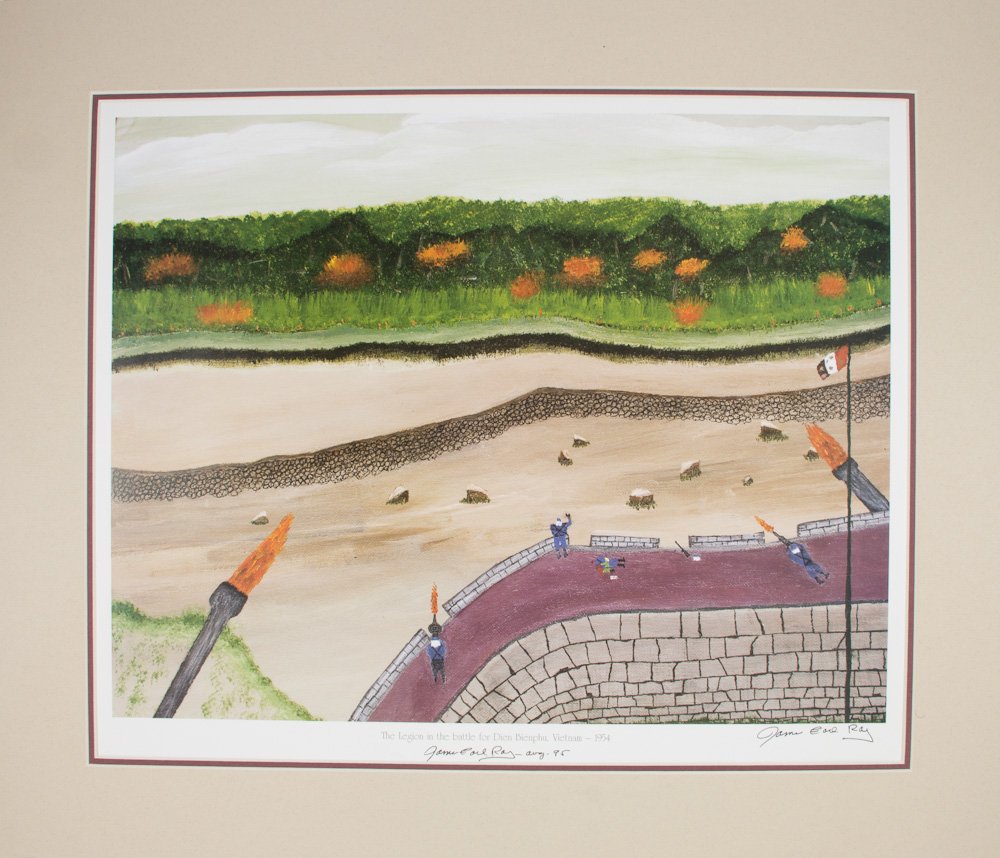 JAMES EARL RAY: JAMES EARL RAY (1928 - 1998) Assassin of Martin Luther King whom he killed in Memphis in 1968. Signed lithograph ""James Earl Ray"" 19"" x 15 1/2"" a copy of his painting: ""The Legion in the battle f