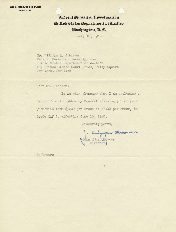 J. EDGAR HOOVER: J. EDGAR HOOVER (1895 - 1972) Controversial Director of the F.B.I. who built the organization into the world's finest investigative agency. Lot of two T.L.S.s each 1p. 4to. on official letterhead Wash