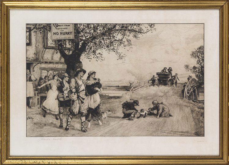 ROBERT WALKER MACBETH: ROBERT WALKER MACBETH Comical engraving, a piper shaking his fist at a departing wagon while two children minister to an angry monkey who fled from the wagon in fear, 24" x 17" overall, signed in full