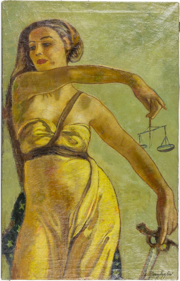 W.P.A. PAINTING OF "JUSTICE": W.P.A. PAINTING OF "JUSTICE" Large oil on canvas work depicting "Justice" holding a set of scales in one hand, a sword in the other, with an American flag draped in the background, oil on canvas 25" x