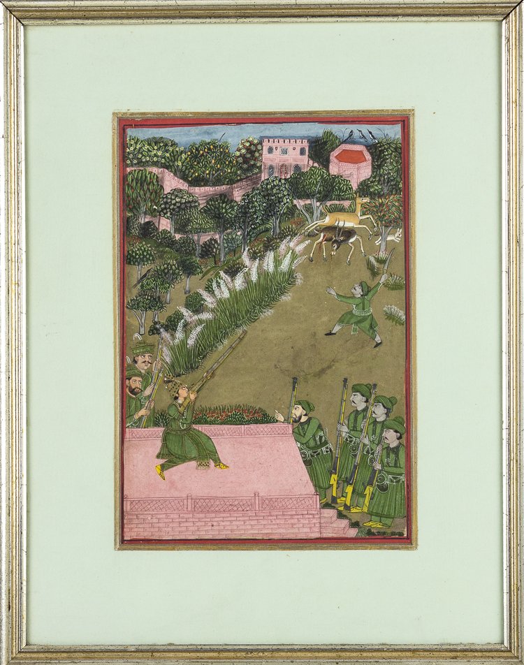 (INDIA) MUGHAL HUNTING PAINTING: (INDIA) MUGHAL HUNTING PAINTING Superb opaque watercolor Mughal painting portraying a hunting scene, 7 1/2" x 11 1/4" (sight), ca. early to mid-1800s. The image portrays a nobleman with his six gun be