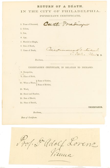 (PIONEERING SCIENTISTS): (PIONEERING SCIENTISTS) A lot of two autographs by pioneering scientists includes: ADOLF LORENZ, very bold signature on a small sheet adding "Vienna", and JACOB SOLIS COHEN, partly-printed D.S. 1p. 8v