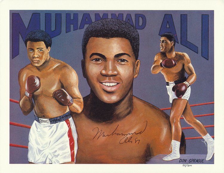 MUHAMMAD ALI: MUHAMMAD ALI (b. 1942) American boxer and three time heavyweight champion, stripped of his title for refusing military service. Fine S.P. 8" x 10" color, artist Don Sprague's impression of the champio