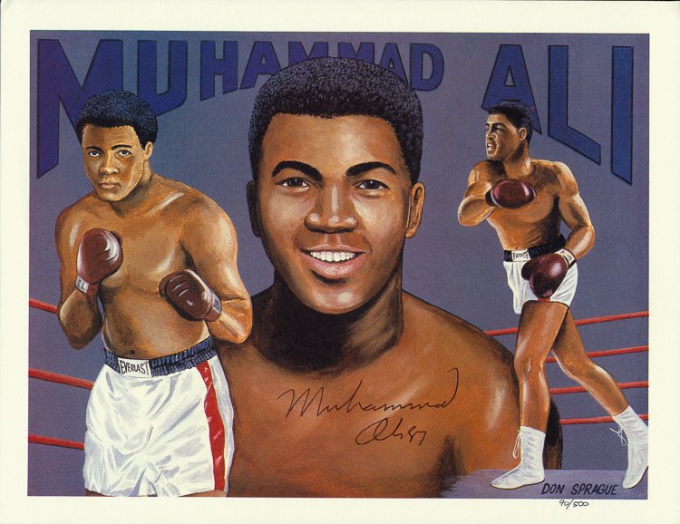 MUHAMMAD ALI: MUHAMMAD ALI (b. 1942) American boxer and three time heavyweight champion, stripped of his title for refusing military service. Fine S.P. 8" x 10" color, artist Don Sprague's impression of the champio
