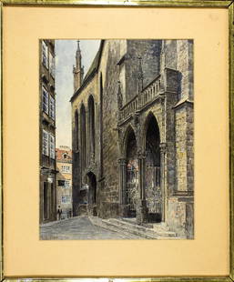 WATERCOLOR PAINTING OF A CHURCH BY ADOLF HITLER: WATERCOLOR PAINTING OF A CHURCH BY ADOLF HITLER An original oversize watercolor painting by future dictator Adolf Hitler, 8 3/4"" x 11 1/4"" (sight), one of Hitler's Vienna street scenes depicting an