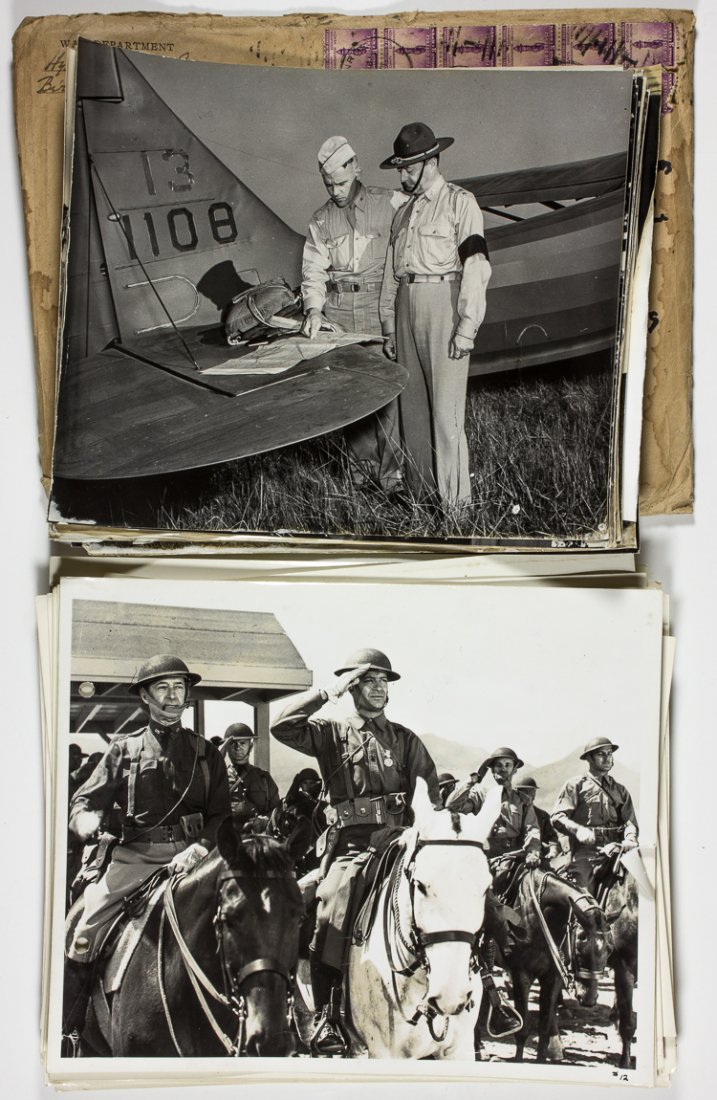 FORTS RILEY AND BLISS, CA. 1940: FORTS RILEY AND BLISS, CA. 1940 Good lot of about 50 original photos, almost all 8" x 10" b/w, most aerial views of soldiers, barracks, vehicles, cavalry, etc. at Fort Riley and Fort Bliss, ca. 1940. 