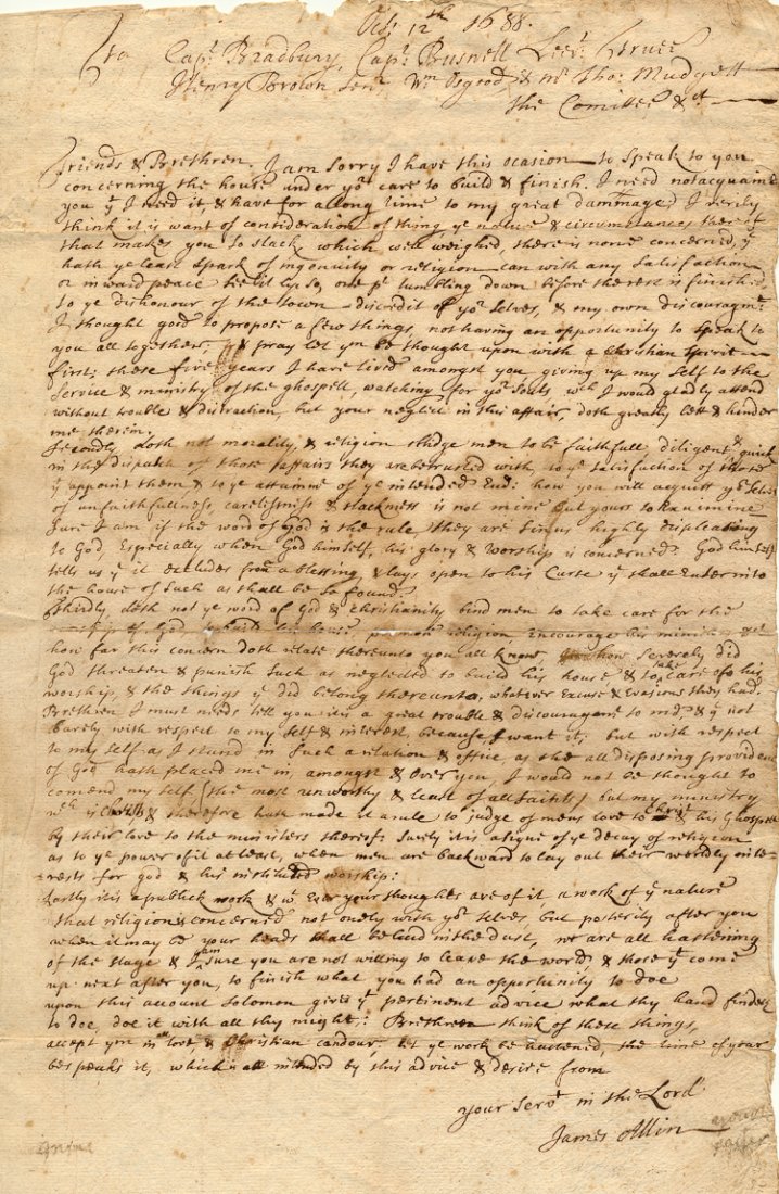 JAMES ALLIN: JAMES ALLIN Influential Puritan minister in Connecticut who often clashed with the Quakers, considering them un-Christian. A.L.S. 1p. legal folio, [n.p.], Oct. 12, 1688 and addressed to six committee 