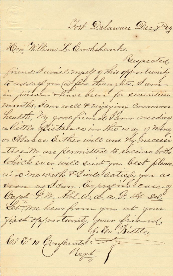 FORT DELAWARE P.O.W. LETTER (1 of 1)