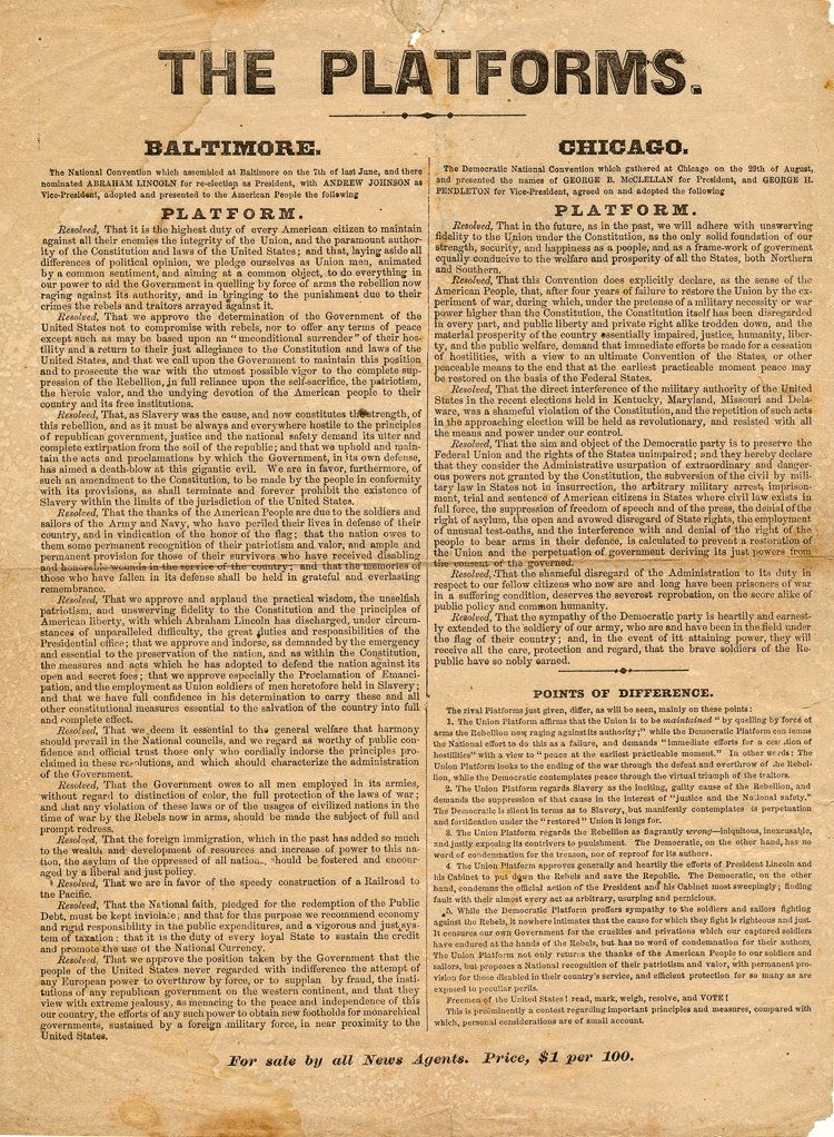 "THE PLATFORM" - LINCOLN RE-ELECTION PLATFORM HANDBILL (1 of 1)