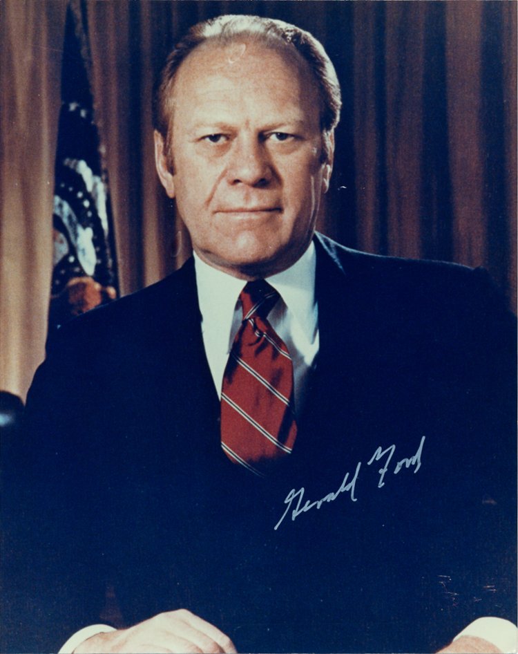 GERALD R. FORD: GERALD R. FORD (1913 - 2006) 38th President of the United States who assumed office upon the resignation of Richard Nixon, who Ford later pardoned for any involvement in the Watergate scandal. S.P. 8�