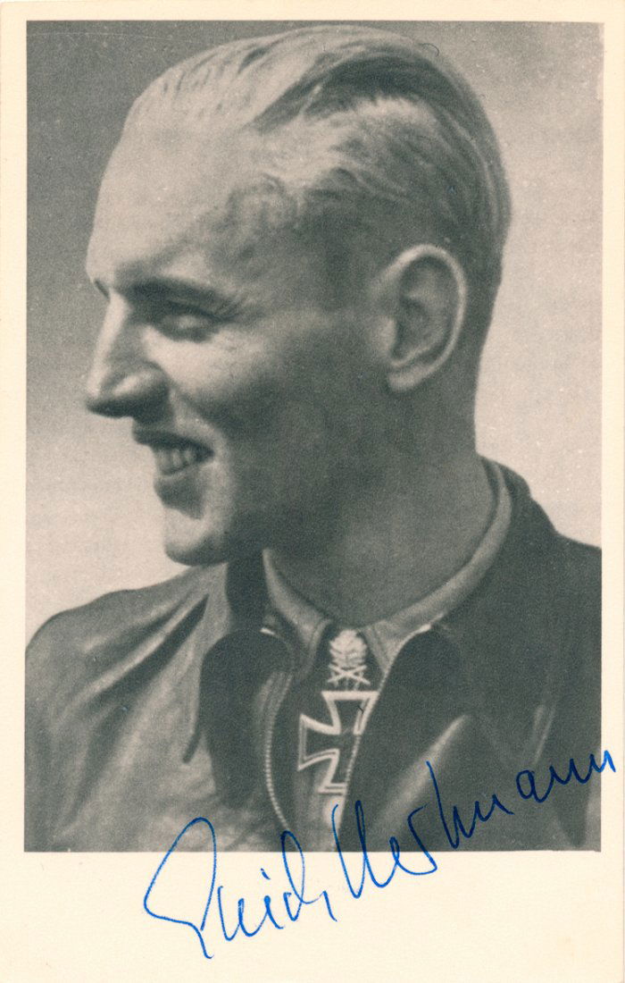 ERICH HARTMANN: ERICH HARTMANN (1922 - 1993) German ace, the top ace of all time, with 352 aerial kills during which he never lost a wing man. Captured and held by the Soviets for ten years. S.P. 3 1/2" x 5 1/2" b/w,