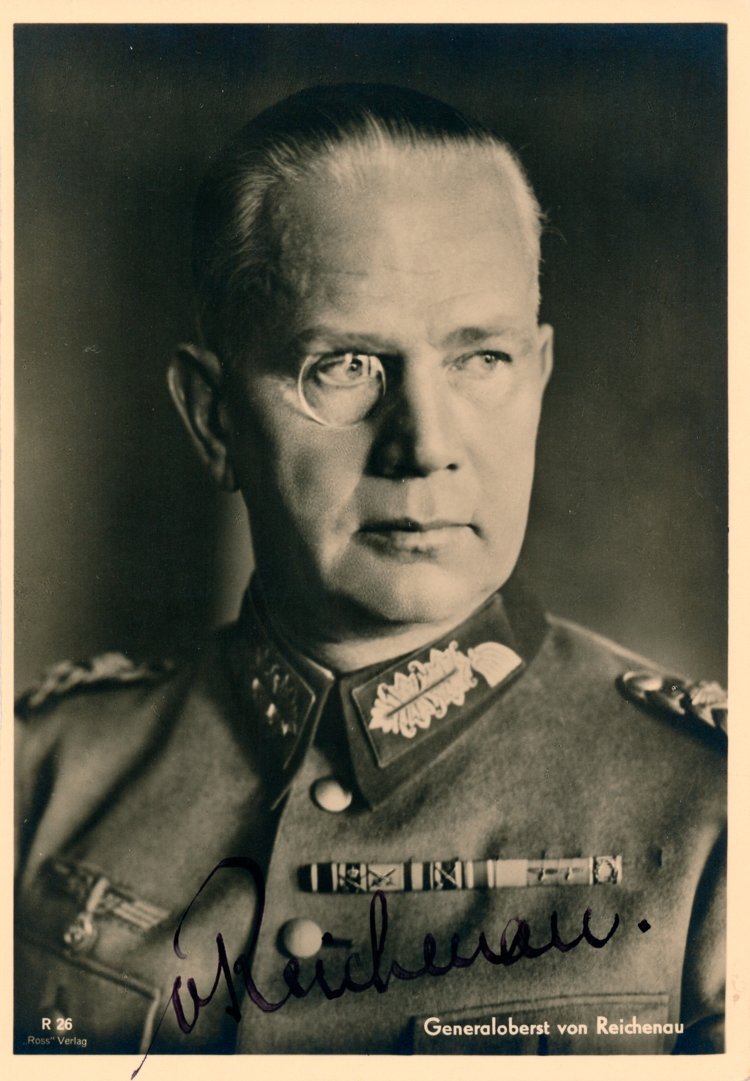 WALTHER VON REICHENAU: WALTHER VON REICHENAU (1884 - 1942) German field marshal who issued the notorious Severity Order making all Jews on the Eastern Front de facto partisans and subject to execution. He was also in charge