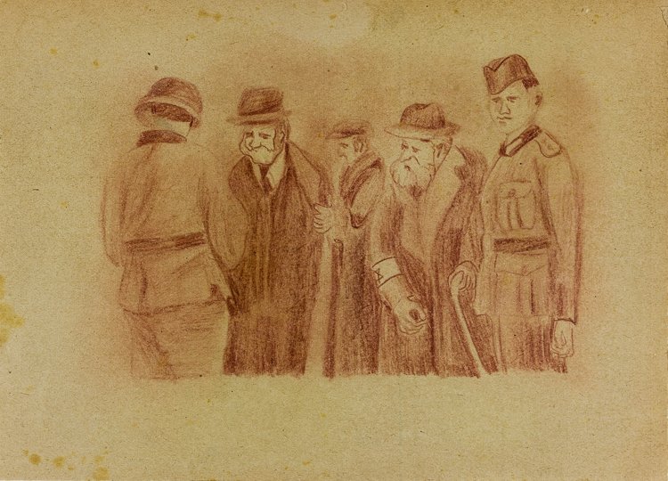 RABBI'S DRAWING OF PERSECUTED JEWS: RABBI'S DRAWING OF PERSECUTED JEWS Red pencil drawing, 6" x 8", believed to have been executed on the verso of a ledger page by a Polish rabbi and later found hidden in his cellar. The sketch depicts 