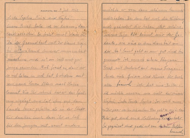 AUSCHWITZ PRISONER'S LETTER: AUSCHWITZ PRISONER'S LETTER Auschwitz prisoner's letter on official camp letter form, 2pp. 8vo., postmarked at Auschwitz, July 9, 1943. Franz Szalkowski writes his aunt stating that he has received th